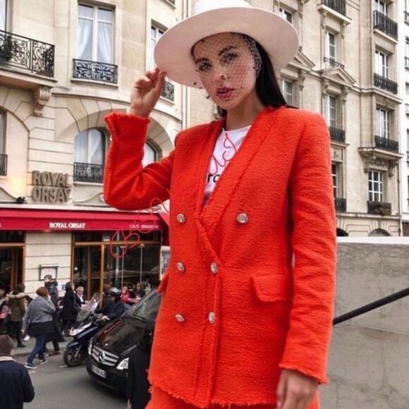 NWOT Zara Tweed Jewel Button Bright Orange Blazer. - Picture 1 of 10